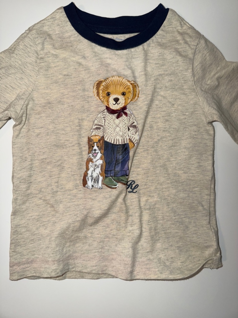 Ralph Lauren Cream Long-Sleeve Bear & Dog Graphic Tee with Navy Trim